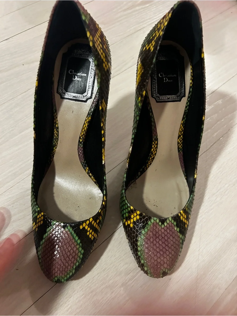Dior Multicolor Snakeskin Pointed Toe Pumps in Yellow, Green & Pink. Size 38